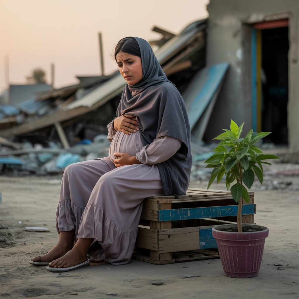 Muslim woman in distress with young child